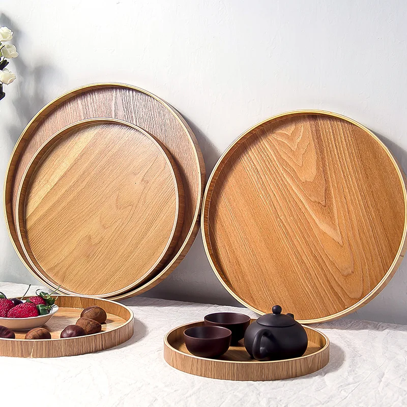 Nordic Wooden Tray Simple Round Serving Tray Retro Serving Plate Fruit Dessert Storage Tray Cosmetic Display Plate Room Decor