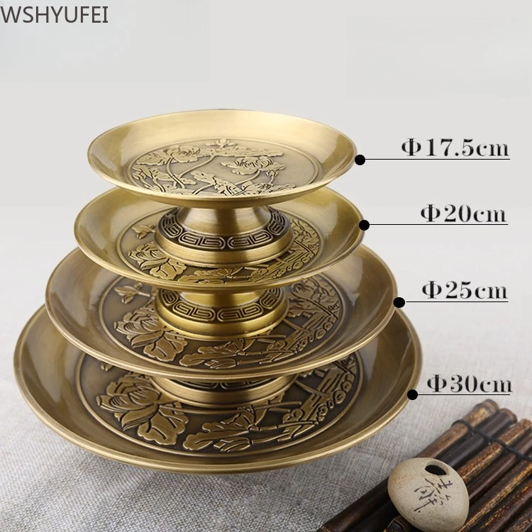 

Латунные офисные тарелки Бытовое поклонение Будда Фруктовая тарелка Гуаньинь Офорложение Бога богатства Диск специального назначения Высокая тарелка для ног