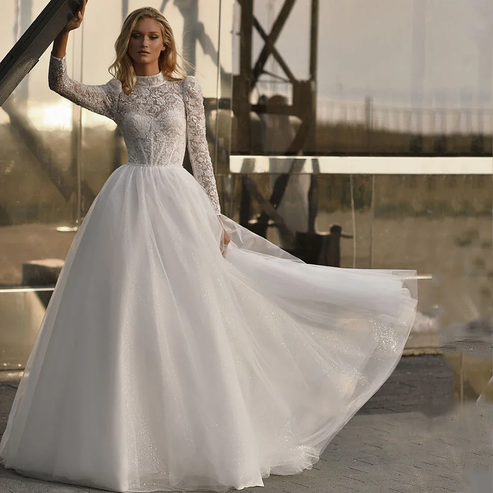 

Customized Exquisite Wedding Dresses Elegant A-line Long Full Sleeves Beautiful Applique Illusion Back Design Sweep Train Bridal