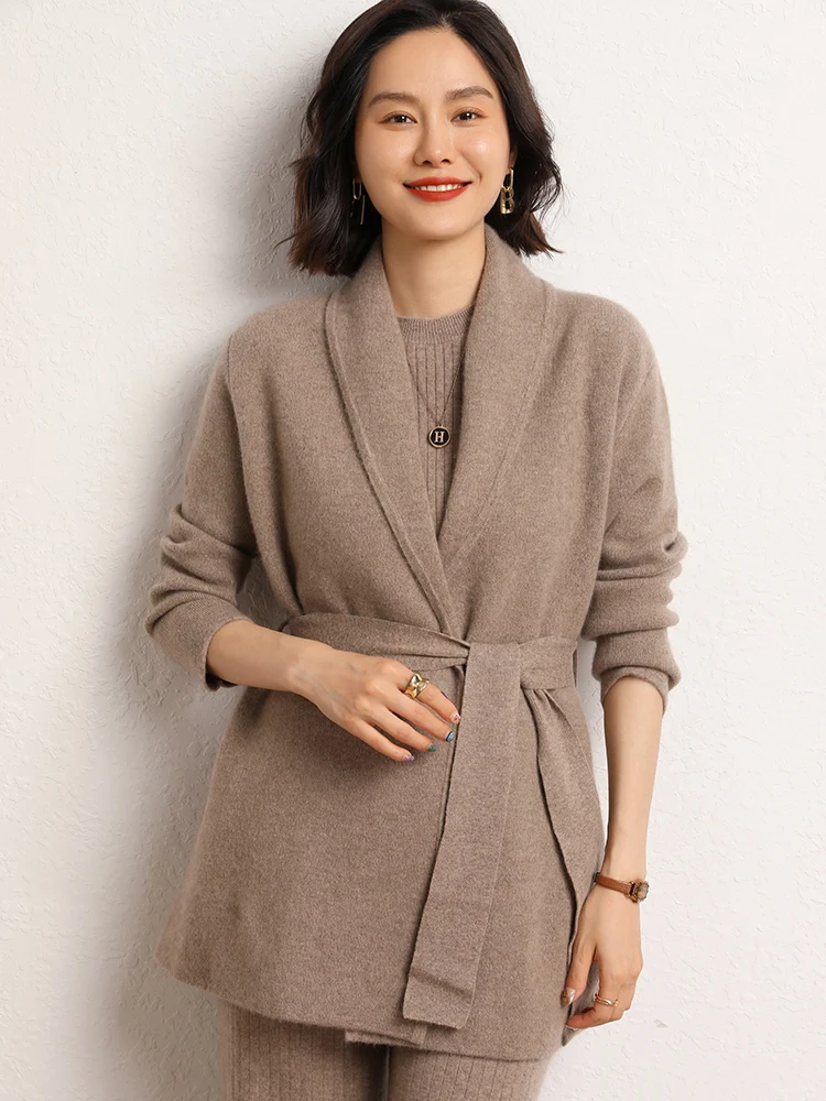 

Lazy Style Women's 100% Goat Cashmere Cardigan Sweater Tie Up Soild Loose Mid-calf Elegant Versatile Knit Jacket Autumn Winter