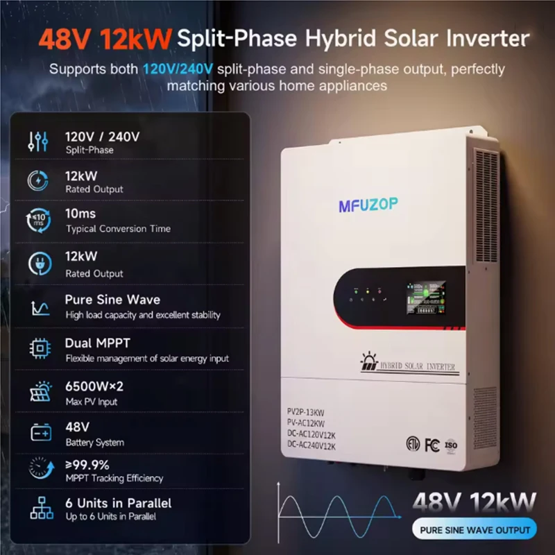 MFUZOP 48V 12000W Split Phase Hybrid Solar Inverter, 120V/240V Pure Sine Wave, Dual MPPT, 6500W X 2, RS485/RS232, Home Energy Storage & Off-Grid Power, US Store Fast Delivery