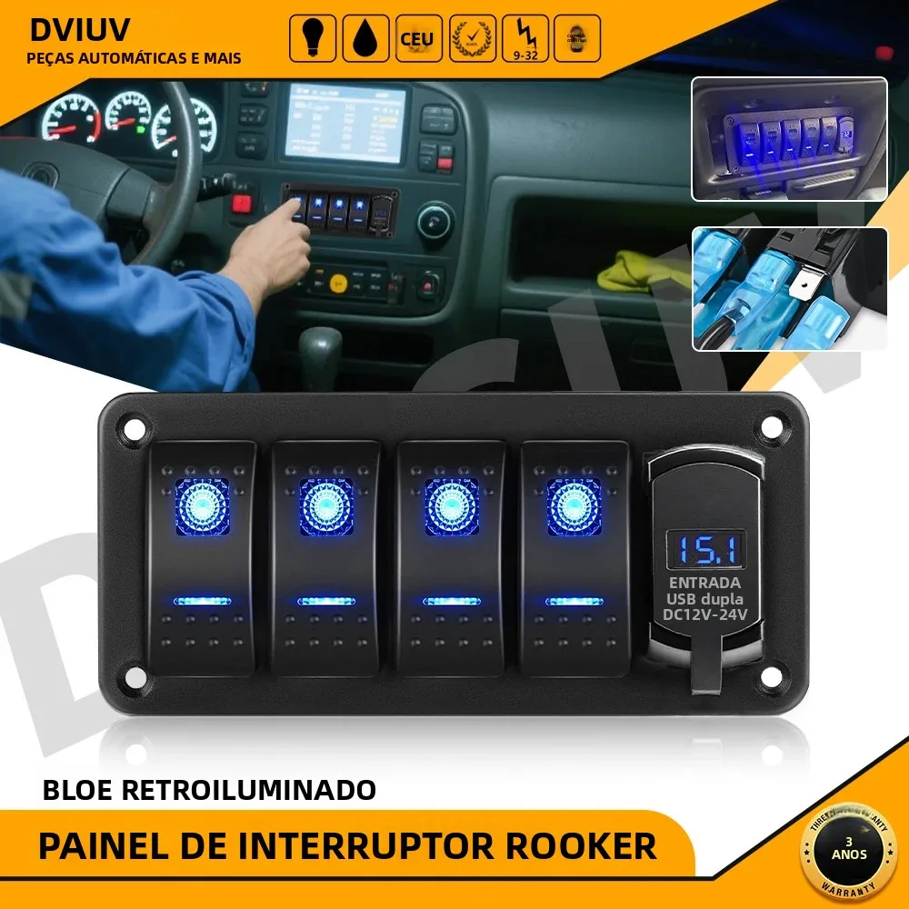 Painel de Interruptores Gangue HL 2/3/4/5/6+1 com Luz de Fundo LED Azul/Vermelha, À Prova D'água IP68, Carregador USB Duplo Liga/Desliga para Uso Off-Road