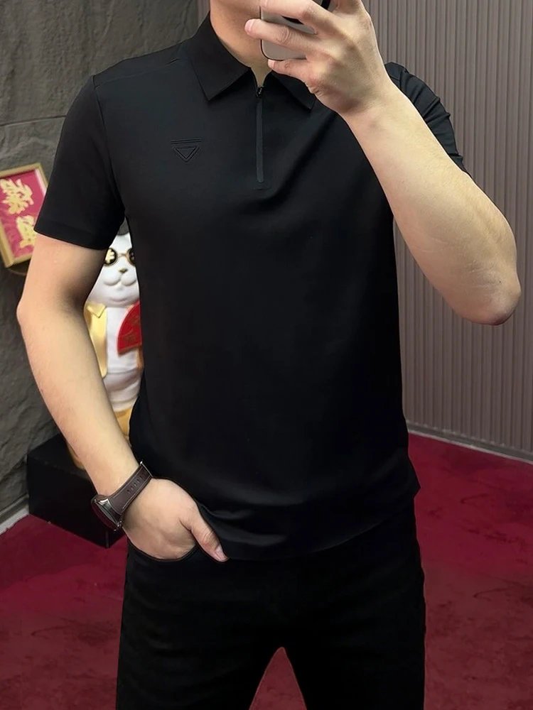 

Casual Short Sleeve Shirt Men's High Quality Half Zipper Notched Collar T-Shirt Breathable Comfortable Polyester Fiber