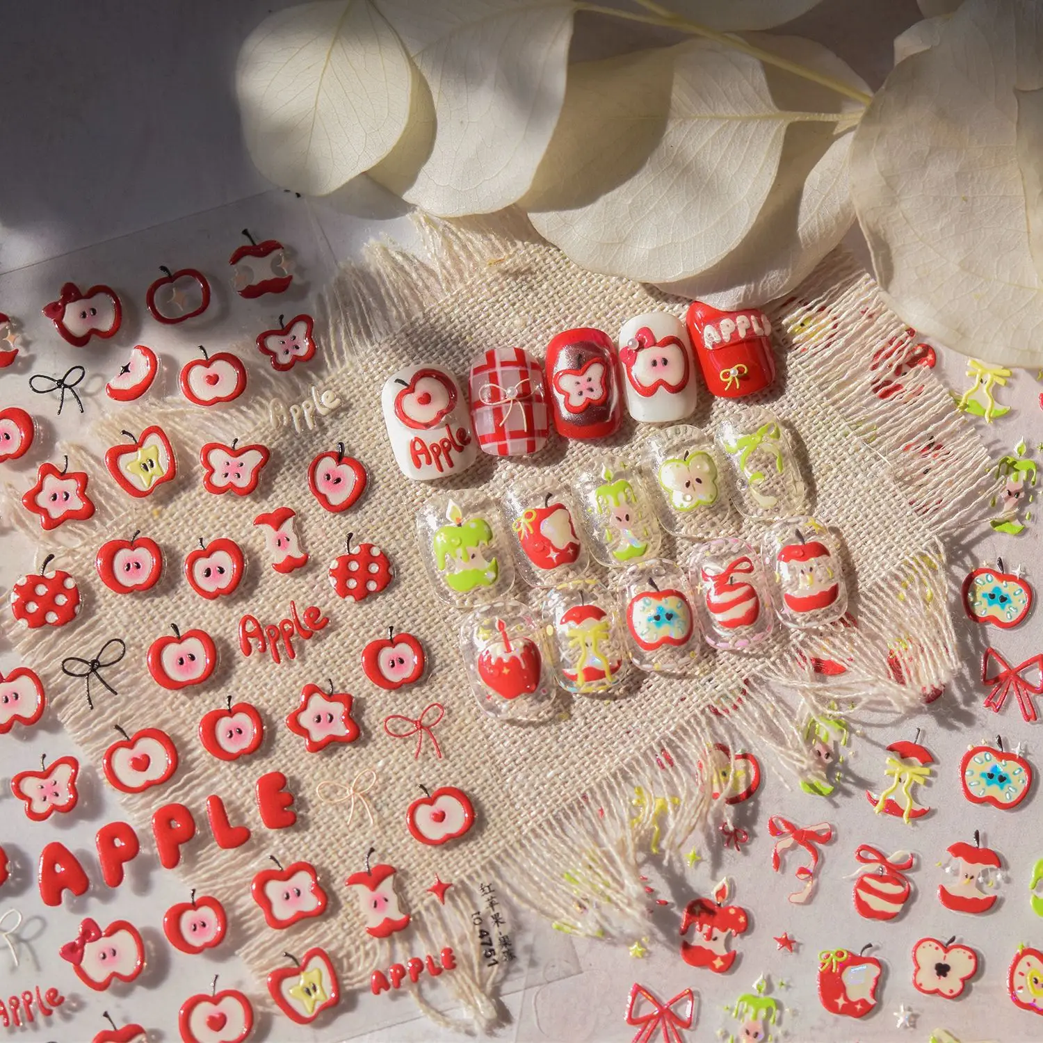 1 unidad de pegatinas para uñas de fruta 5D con estampado en caliente de gelatina ligera de concha, pegatinas para decoración de uñas de manzana verde y roja, regalo de manicura DIY para Nochebuena