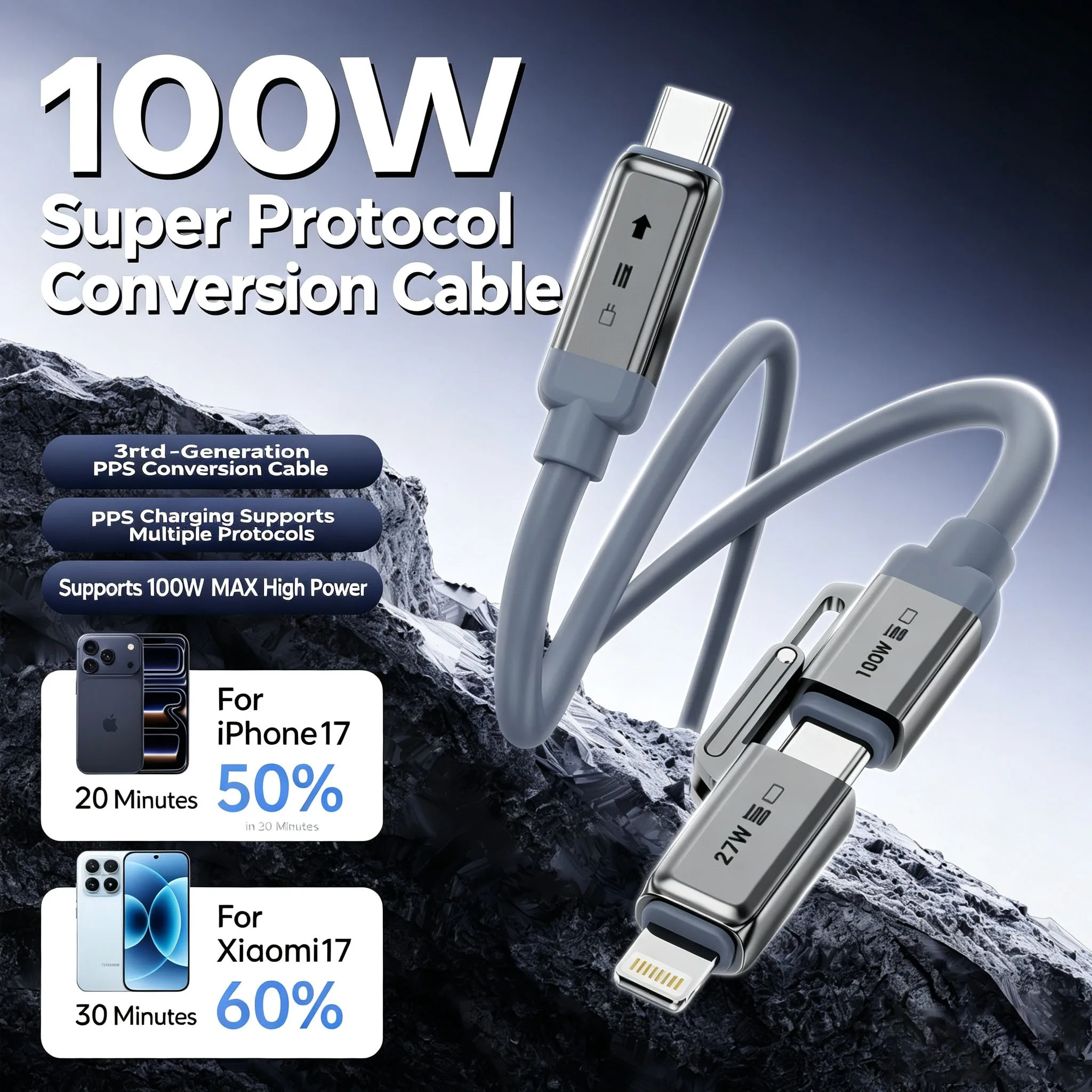 Universal 2-in-1 Multi Fast Charging Cable All Protocol PD QC Fast Charge Cord For iPhone Huawei Xiaomi OPPO Vivo Android Phone