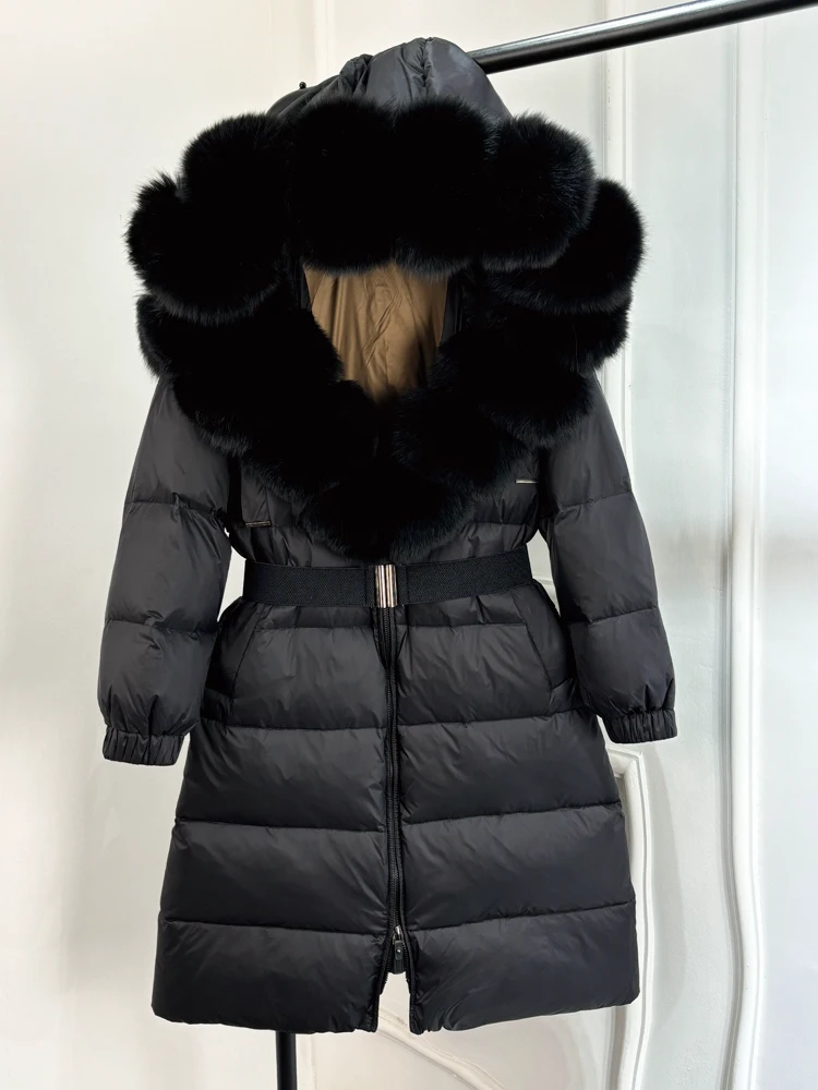 Lagabogy 2025 Winter Puffer Jacket Women Real Fox Fur Hooded Collar Thick Warm Long White Duck Down Coat Loose Luxury Outerwear