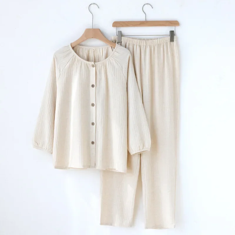 

Women's Autumn Cotton Sleepwear Clothes Solid Color Round Neck Cardigan Home Clothes Long Sleeved Pants Set Loose Home Clothes