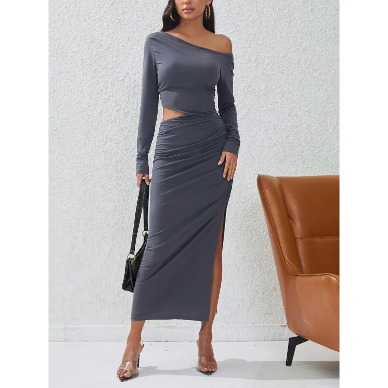

YQ1-Women's Autumn Winter New Slim Sexy Hollow Out Slit Bodycon Mid-Length Party Dress
