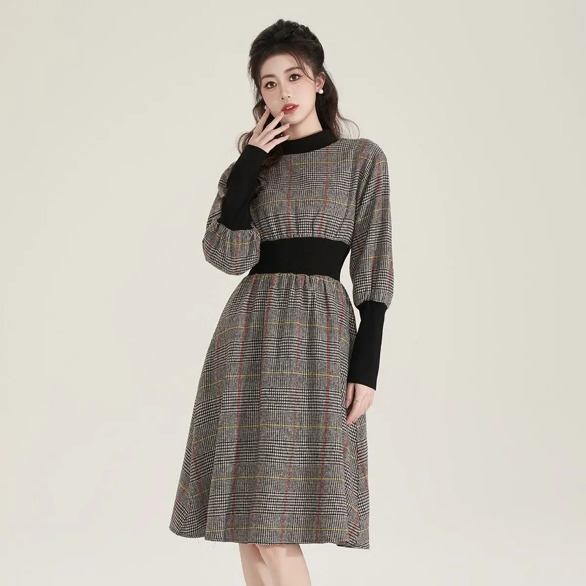 Robe Midi Élégante à Carreaux pour Femme, Col Rond, Bandage Épissé, Plis, Vêtements Coréens, Manches Lanternes, Automne et Hiver