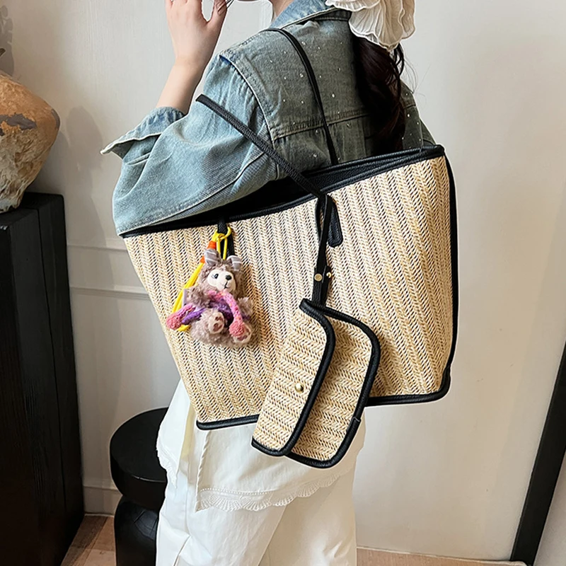

Women's Summer Straw Woven Tote Bag Large Capacity Shoulder Bag With Purse Beach Travel Colorful Handbag Ladies Commuter Bag