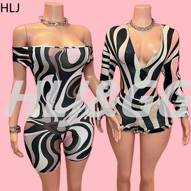 HLJ Sexy Striped Print Bodycon Rompers Women Off Showlder Short Sleeve Jumpsuits Female Streetwear Overalls 2025 Summer New