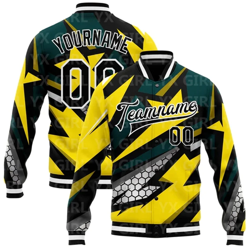 Custom Neon Green Neon Green Black-Gray 3D Pattern Design Bomber Full-Snap Varsity Letterman Jacket Baseball Button Jacket