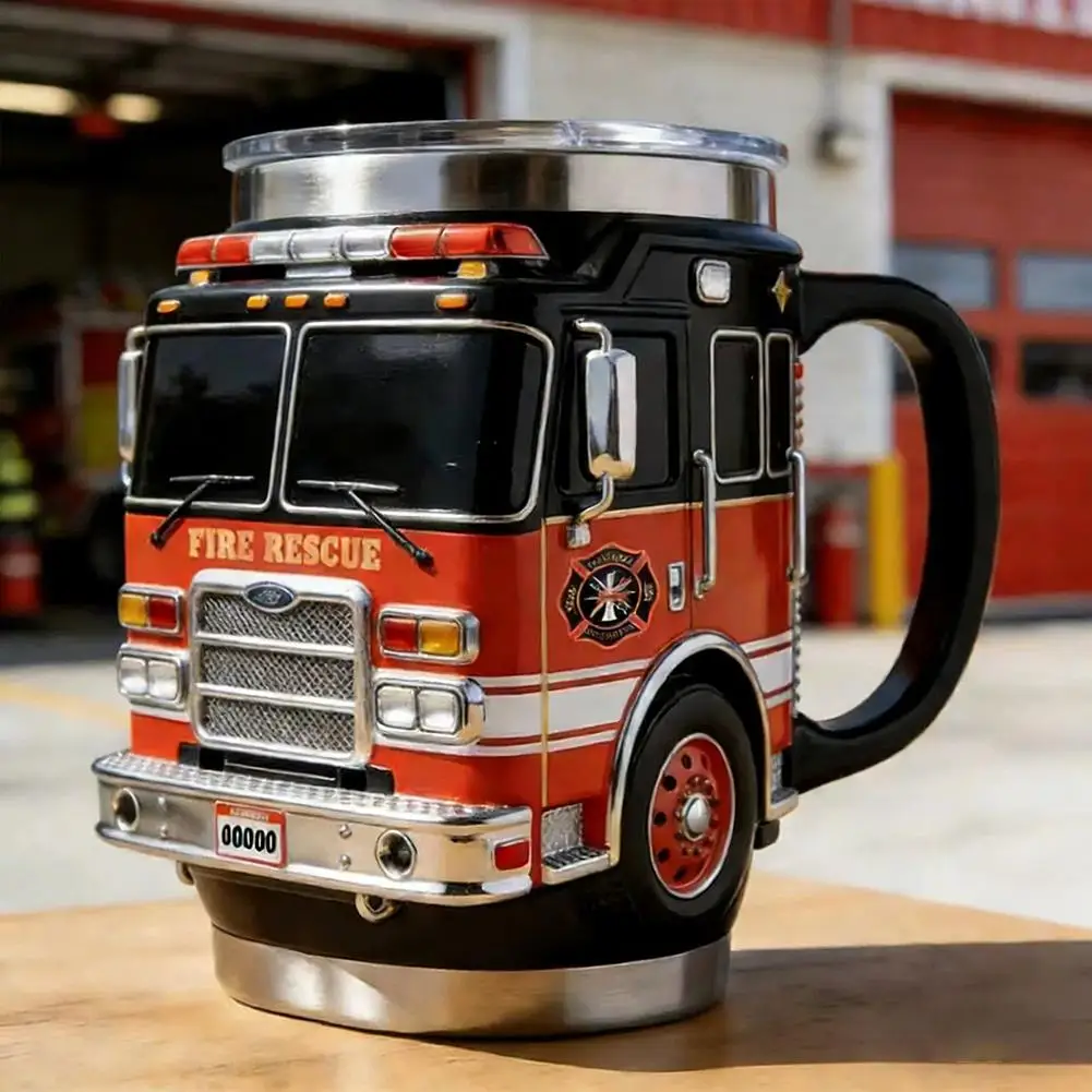 Feuerwehr-Rettungs-Tasse 3D Feuerwehrauto Kaffeebecher Doppelwandiger Edelstahl Isolierter Becher für Feuerwehrstation Arbeitsgeschenke