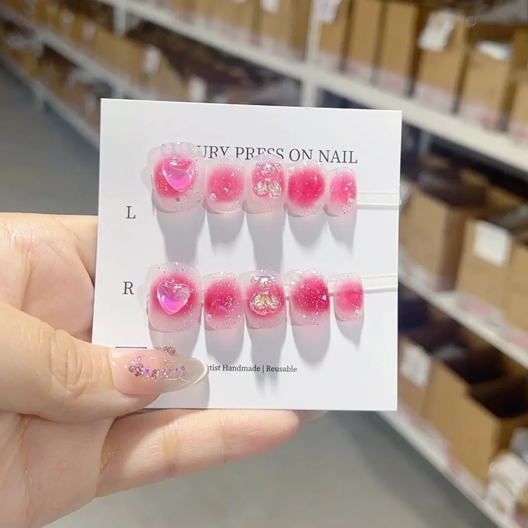 

Hot-Selling Raspberry Bubble Gum Blush Gradient Gel Reusable High-Quality Elegant White Handmade Press On Nails.No.B021
