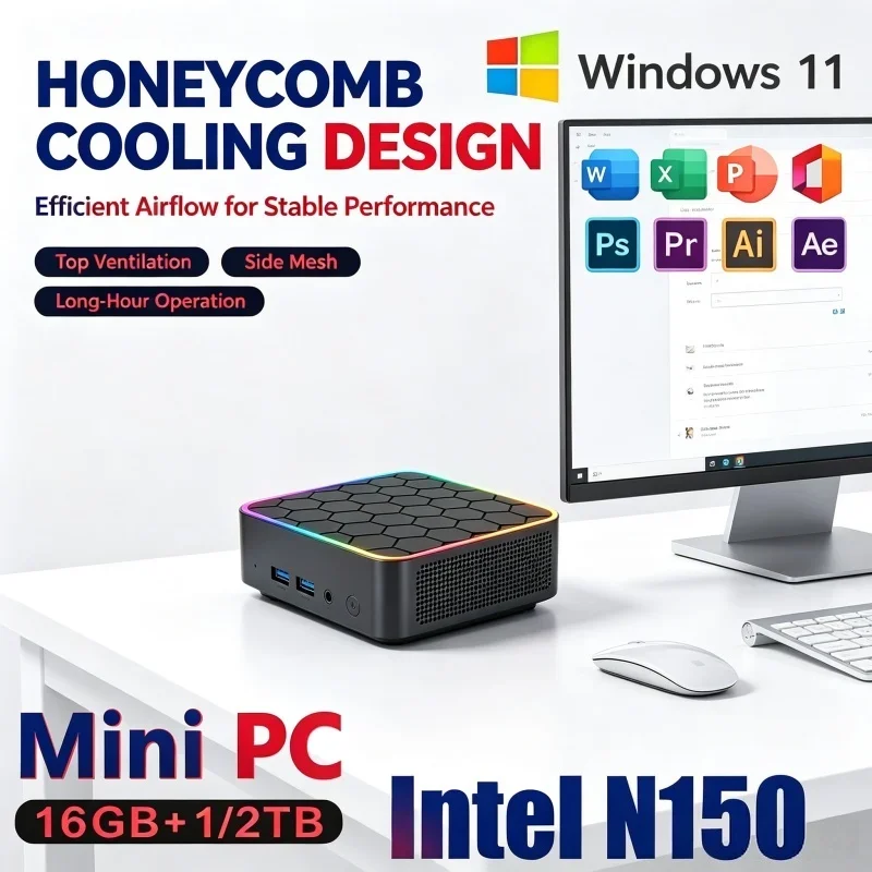 Core N150 Hot New 2026 Mini PC Hexagonal Surface Rainbow RGB Edge Compact Computer For Daily Office Use