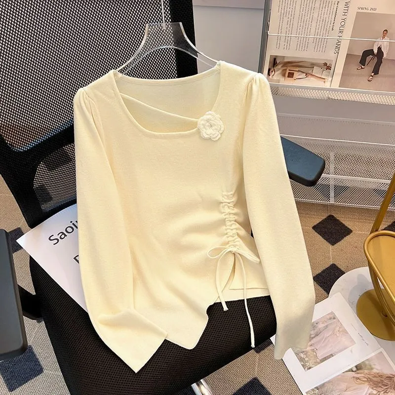 Irregular 2025 Spring New Drawstring 3D Chic Knitted Pullover Slim-fit Shirred Pleats Ins Crew Neck Long-sleeved Top