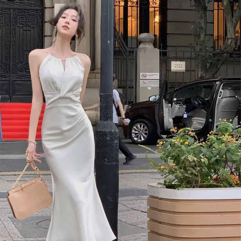 

White Dress Women Clothing Evening Dresses Vintage White Neck Hanging Dress 2024 New Satin High-end Slimming for Women