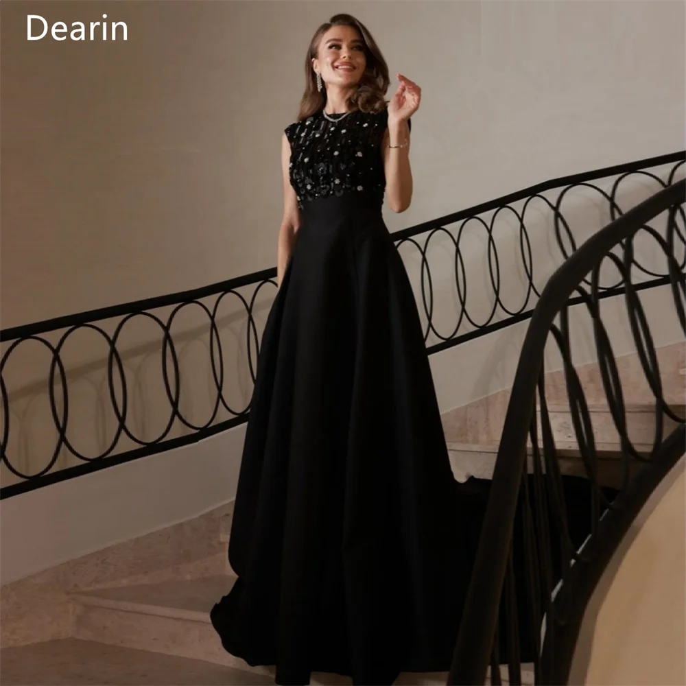 

Customized Formal Dress Dearin Scoop Neckline A-line Floor Length Skirts Draped Applique Flower Sleeveless Bespoke Occasion Dres