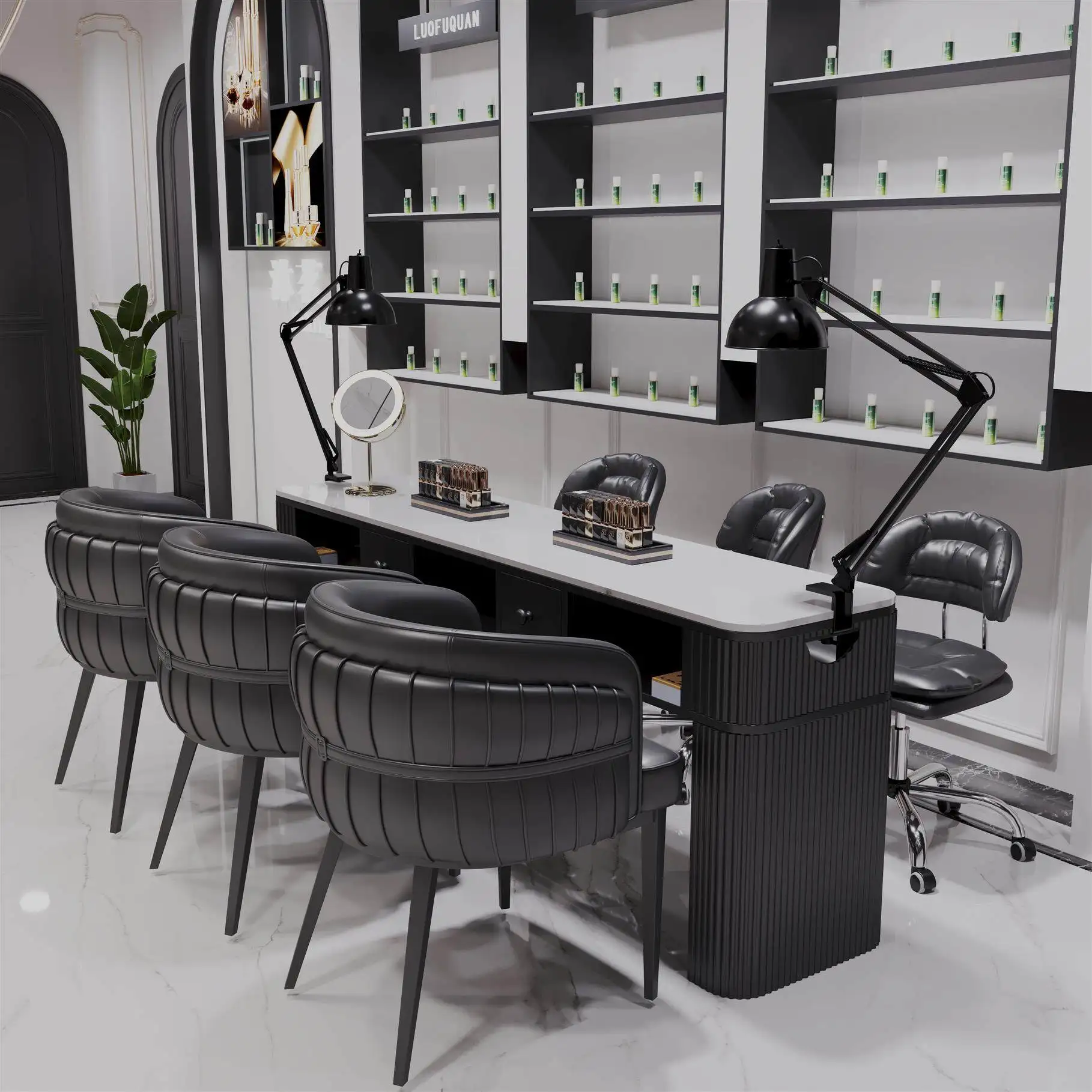 Marble Nail Table and Chair Set, Black Series, Fashionable, Internet Famous, High-end, with Bottom Cabinet Nail Table and Chairs view 3