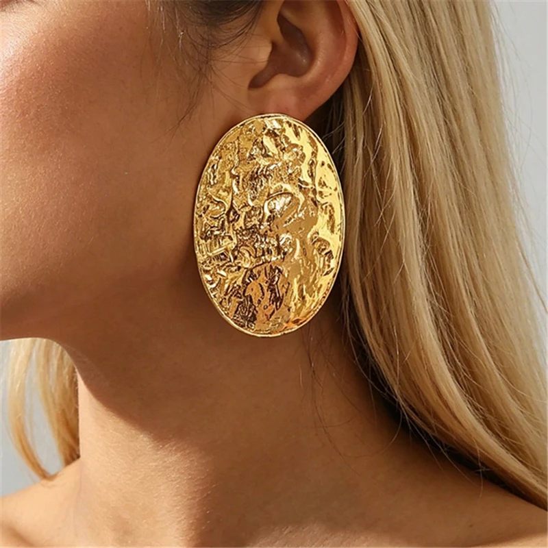 Exaggerated Gold Color Big Oval Stud Earrings for Women 2026 Classic Metal Textured Geometric Statement Earrings Party Jewelry