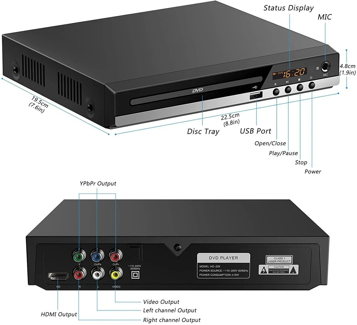 مشغل ديفيدي 1080 عالي الدقة لجميع المناطق أقراص DVD CD مجانية مخرج AV بمنفذ ميكروفون مدمج بمنفذ ميكروفون عالي الوضوح صندوق مشغل DVD 4K للمنزل #6