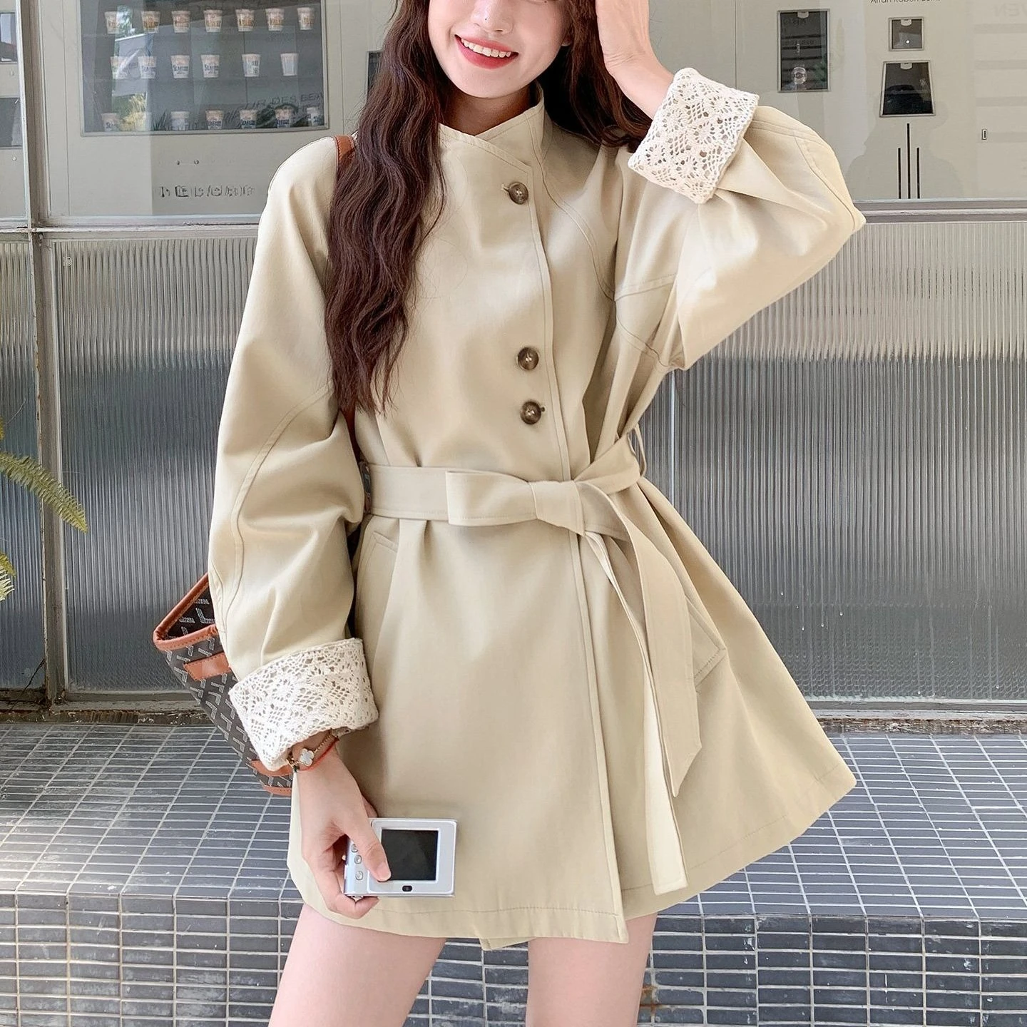 

Короткий плащ цвета хаки для женщин на весну и осень, кружевные лоскутные рукава, изысканный элегантный верхняя одежда, топ