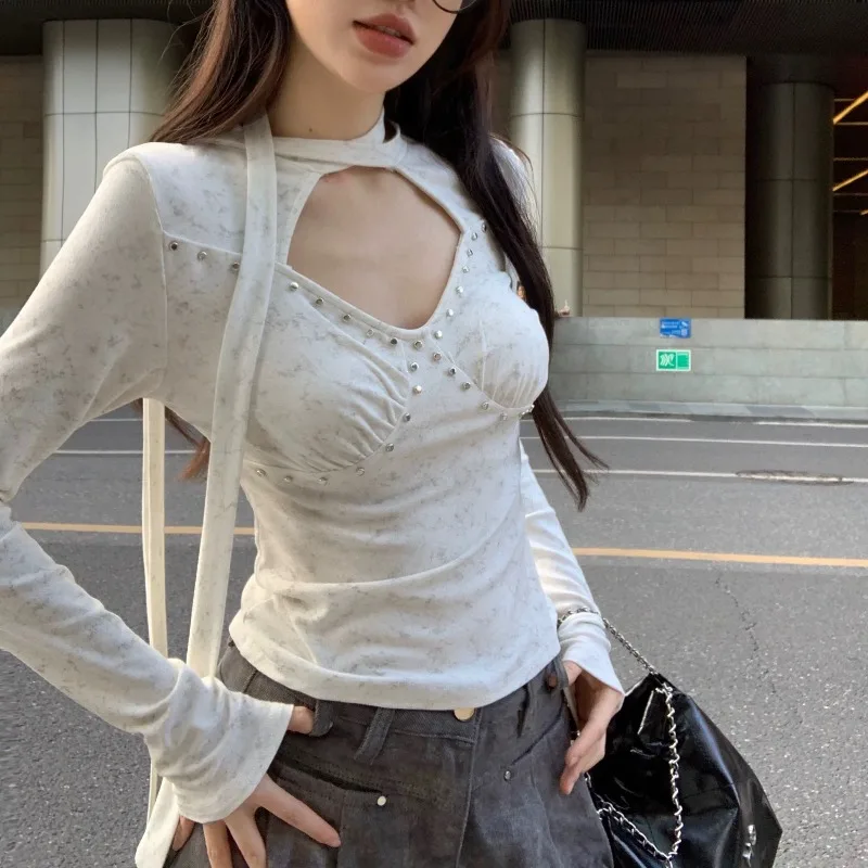 ديبتاون Y2k مثير خمر الجوف خارج المرأة تي شيرت الجمالية الدانتيل يصل برشام طويلة الأكمام الكورية موضة الجرونج تيز سليم جيارو #5