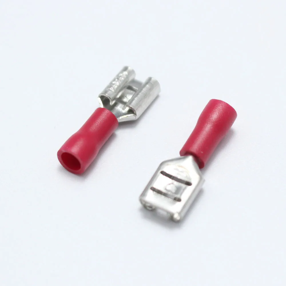 50pcs 6.3mm Spade Crimp Terminal MDD1.25-250 FDD2-250 Male / Female Pre Insulated Electrical Connector for 0.5-1.5mm2 Cable