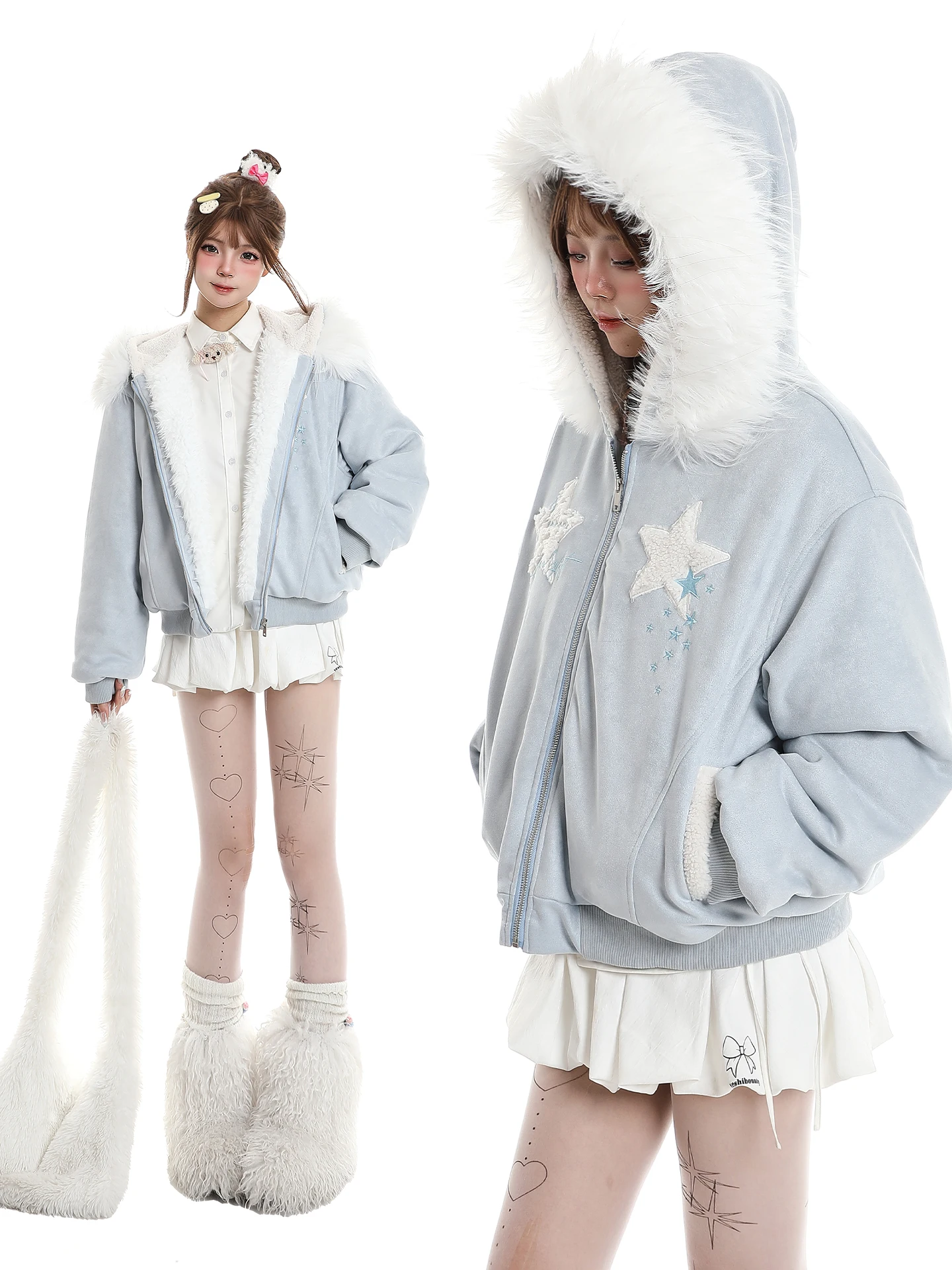

Korean Sweet Girl Star Fur Collar Hooded Cotton Jaet Women's Winter Lazy Fce Lined Thiened High-End Feeling Cotton Coat