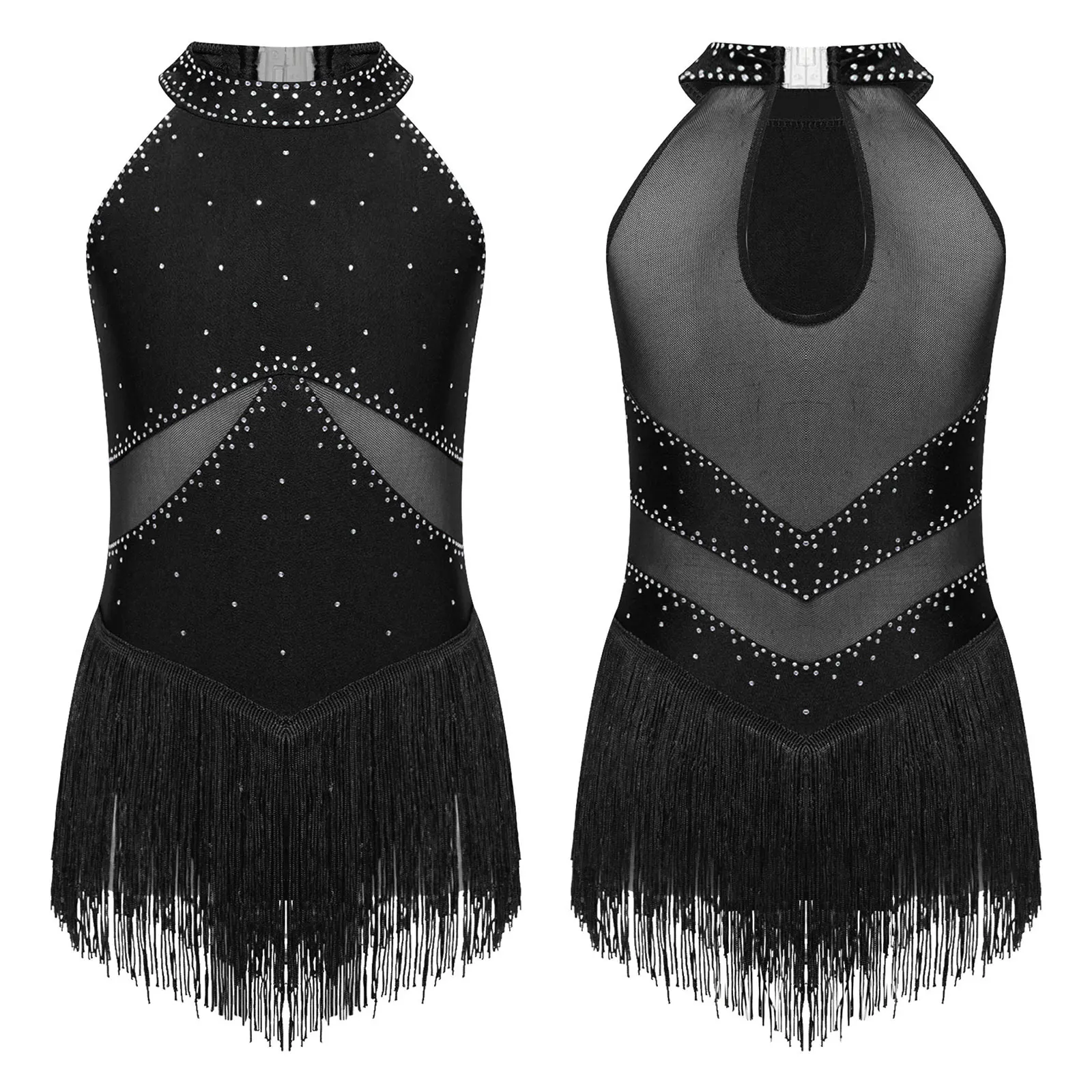 Kids Girls Sequin Latin Jazz Dance Dress Sleeveless Rhinestone Tassel Leotard Bodysuit Costume for Cha-cha Samba Performance