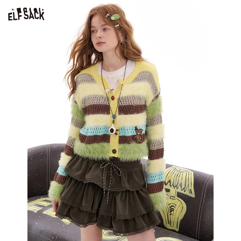 

ELFSACK 2025 Spring New Arrivals Striped contrasting colors plush cardigan sweater women Y2k short coat