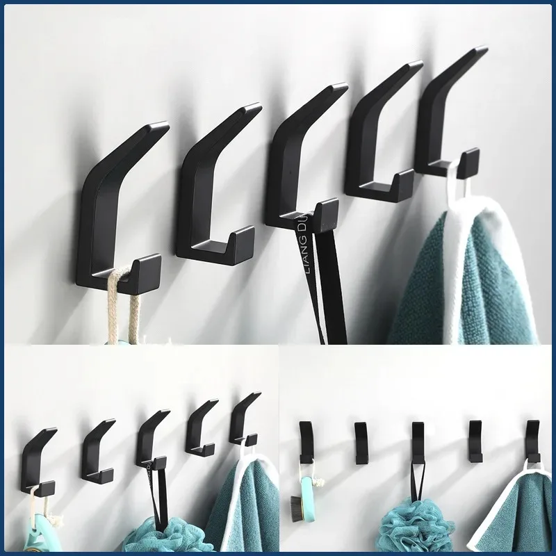 No Drill Double Hooks Black White Bathroom Bedroom Towel Coat Robe Adhesive Wall Hooks for Kitchen Livingroom Clothes Storage