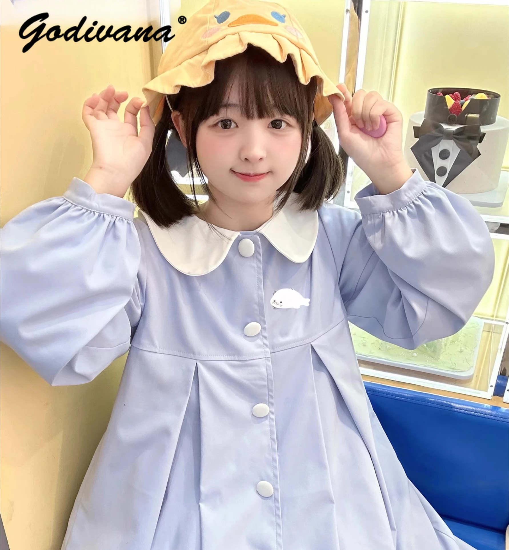 Girls Cute Coat New Spring Sweet Doll Collar Kindergarten Seal Embroidery Loose Dress Autumn Women's Kawaii Long Sleeve Lo Dress