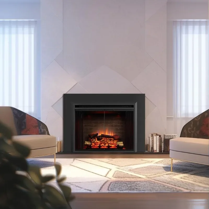 PuraFlame Klaus 33” Electric Fireplace Insert with Trim Kit, Fire Crackling Sound, Resin Log, Glass Door and Mesh Screen