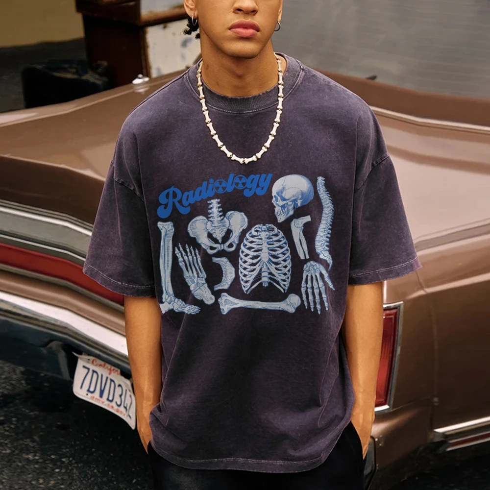 Radiology Skeleton Vintage Unisex Washed T-shirt, Stylish Halloween Skull Shirt