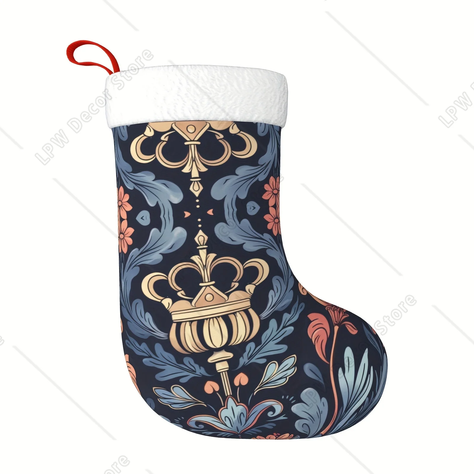 花柄と王冠模様のクリスマスストッキング カフ暖炉吊り下げストッキング 家族のクリスマスデコレーション ホリデーシーズンパーティー用