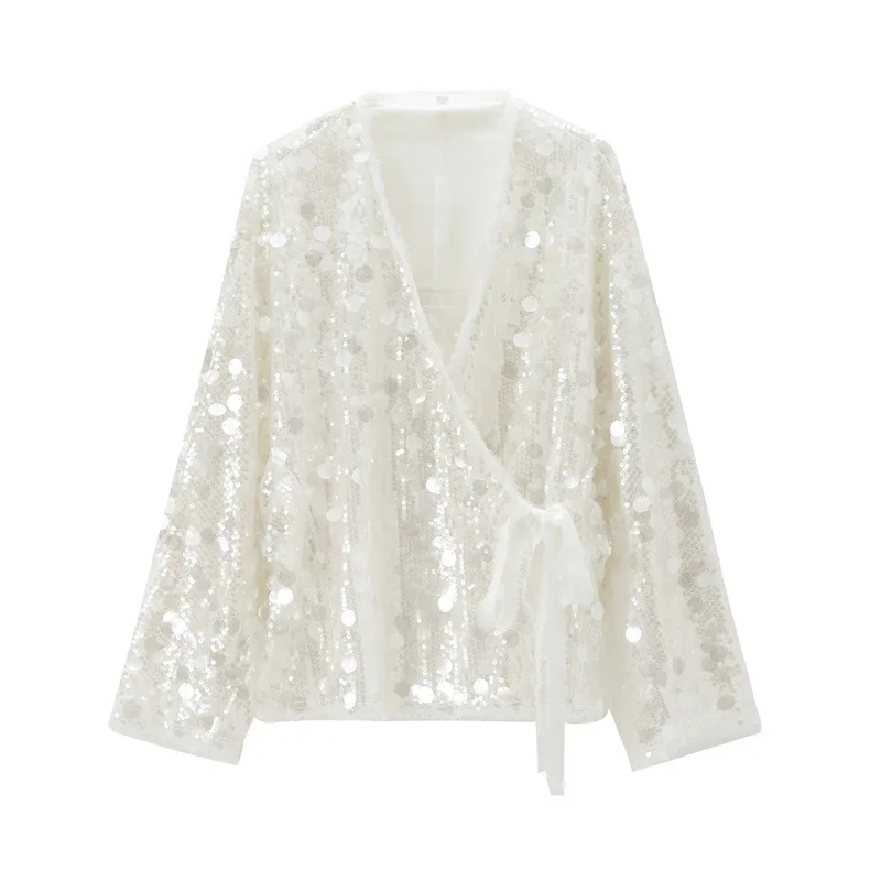 

New Autumn Women Sequin Kimono Jacket Coat Long Sleeve V Neck Female Casual Loose Outerwear Chic Lady Wrap Outfits