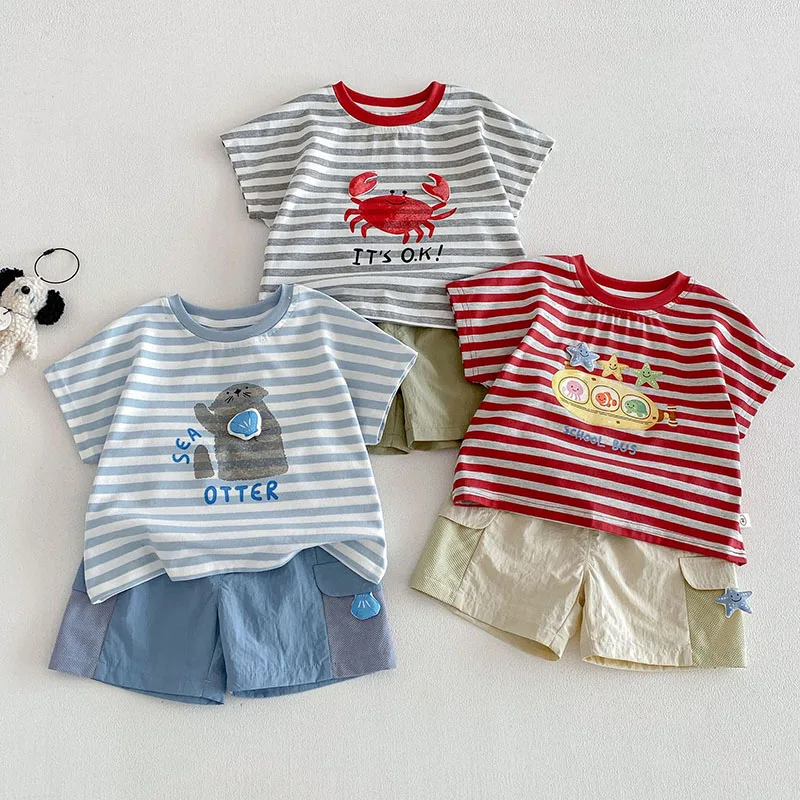 MILANCEL New Summer Kids T-shirt 9M-5T Cartoon Sea Otter Girls Tee Stripe Letter Boys Clothes Loose Breathable Children Tops