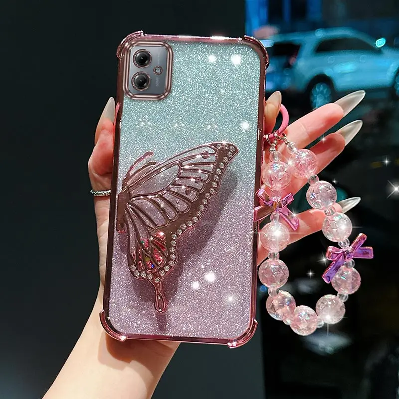 

G54 butterfly wing Bracket Lanyard Plating Phone Case For Motorola G54 G20 G84 G64 G56 G82 G71S G04 E14 E15 Edge 60F 50Pro Cover