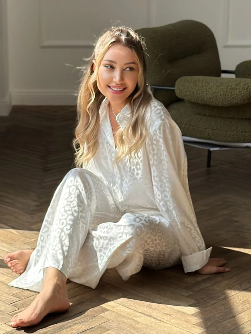 Marthaqiqi Loose Leopard Print Female Sleepwear Suit Long Sleeve Pajamas Turn-Down Collar Nightwear Pants Nightgowns 2 Piece Set