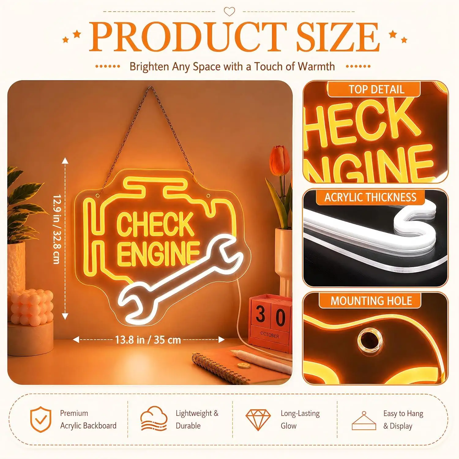 Check Engine Neon Sign USB Dimmable LED Neon Lights For Garage Auto Shop Man Cave Car Room Wall Backdrop Decoration Gifts