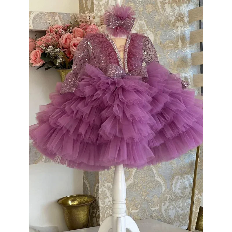 Teens Girl wedding Princess Long sleeved sequins Feather Beauty Pageant Dress V-neck bow Christmas Party children's Dresses