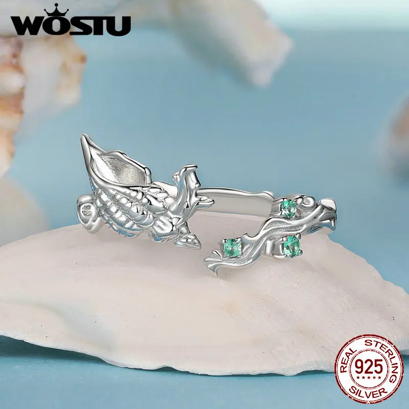 WOSTU 925 Sterling Silver Ocean Open Ring Finger misura regolabile cavalluccio marino coda di sirena anello quotidiano per le donne regalo di gioielli estivi