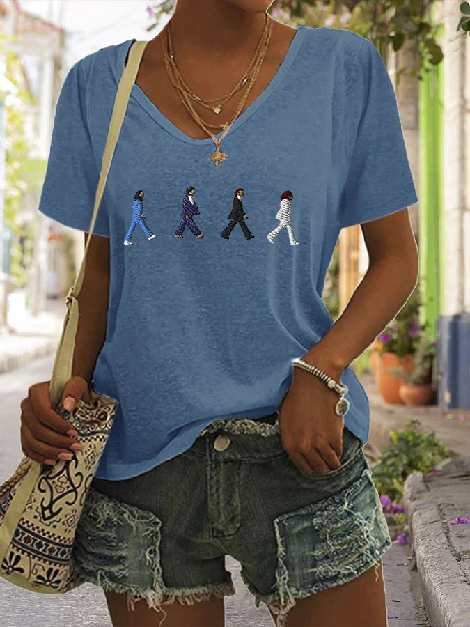 Women's Hippie The Band Print T-Shirt Summer V Neck T Shirt Short Sleeve Casual Tops