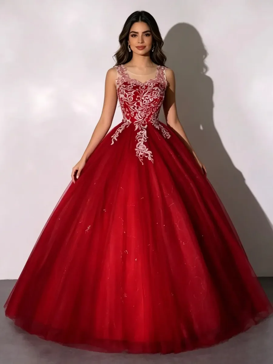 Elegant Lace Tulle Quinceanera Dress Halter Neck Lace Up Back Graduation Party Host Wedding Pageant Evening Gown