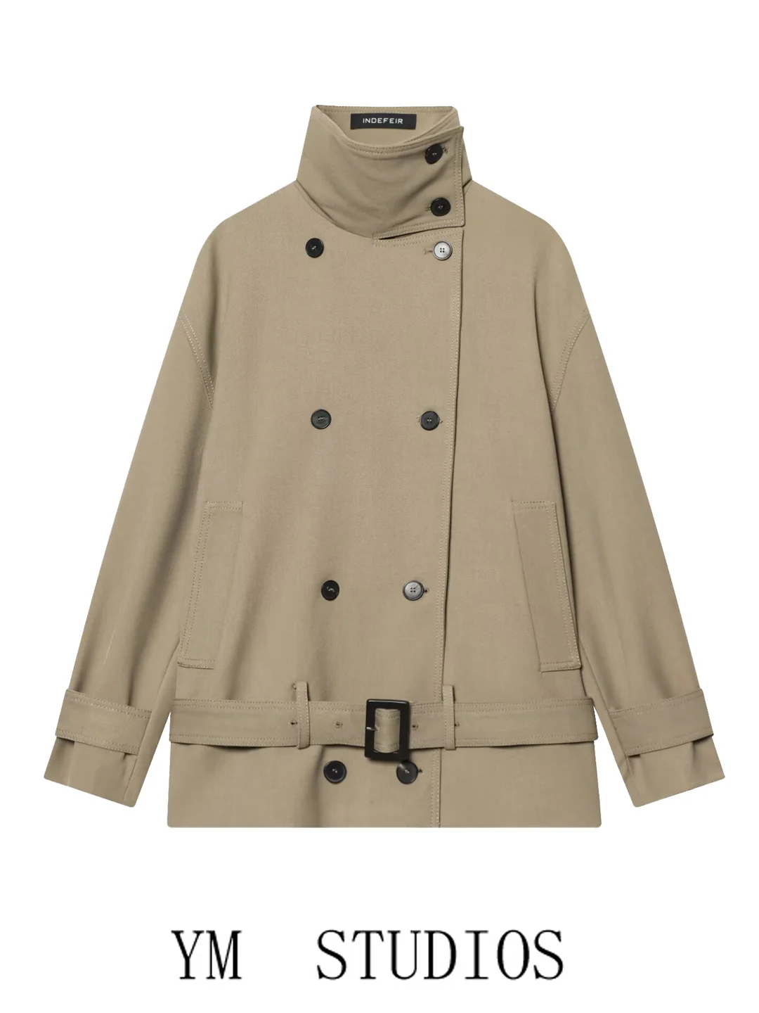 

Elegant Khaki Double-Button Stand-Collar Belted Short Jacket 2026 Spring Workwear Style Windbreaker Women's Fashion Outerwear