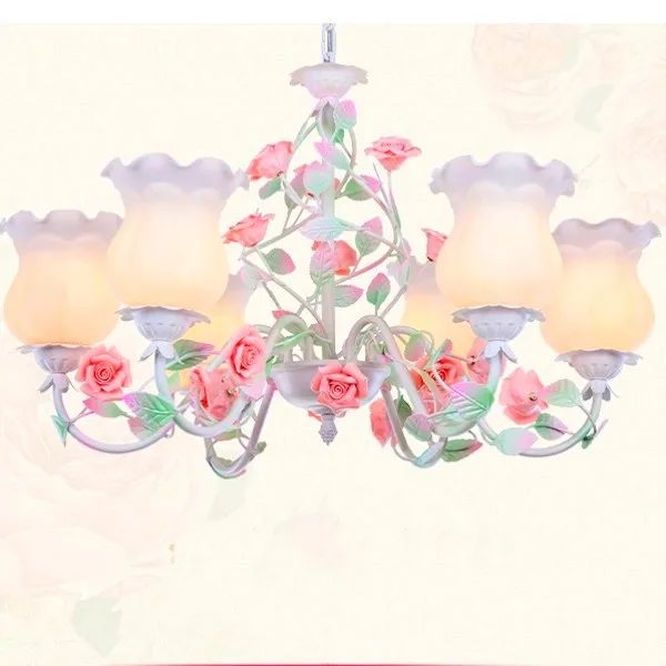 Modern White Pink Rose European Chandelier Lighting Decorative Pendant Hanging Lamp Iron Crystal Chandelier Dining Room Lighting