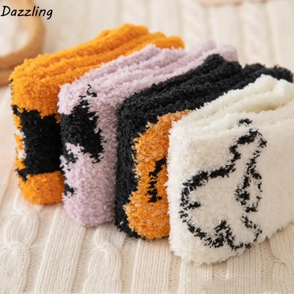 

4pairs/set Coral Fleece Halloween Socks Soft Elastic Pumpkin Wizard Hat Tube Socks Breathable Warm Bat Ghost Mid-Calf Socks