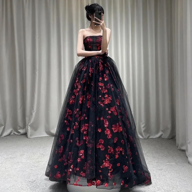 

Classic Sexy Strapless Evening Dress Black Tulle Flower Sleeveless Prom Dresses Elegant Floor-lenght A Line Vestido De Noche