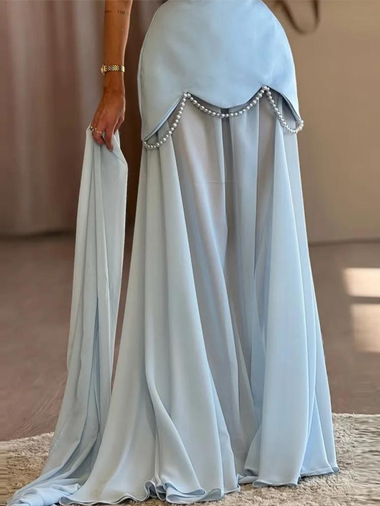 Sem alças vestidos de baile pérolas frisado sem costas uma linha chiffon ocasião especial vestido de noite 2025 vestido de festa de casamento feminino